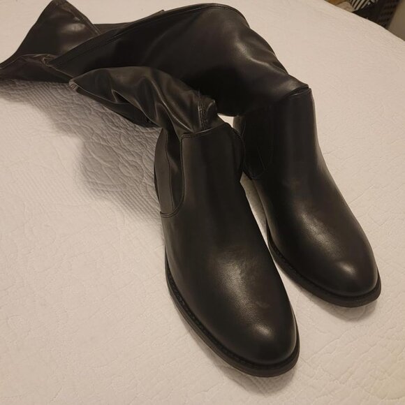🆕Women Pu Black Over The Knee Boots Thigh High Low Block Heel Pointed Toe Boot - Picture 2 of 11